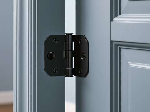 A close-up shot showcases a black metal door hinge, meticulously crafted and installed on a sleek gray door, highlighting its modern design and functionality.