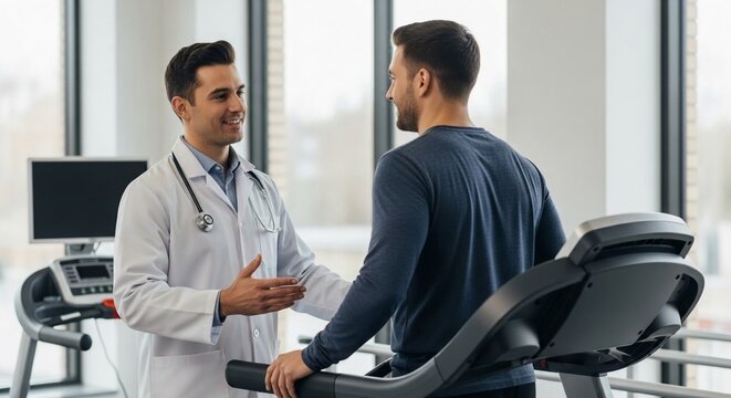 Doctor consulting with a male patient on a treadmill during a health and fitness evaluation.