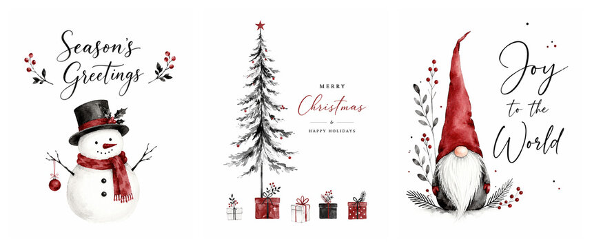 Watercolor Christmas greeting card set with polar bear holding a gift, decorated fir tree with presents, and gnome on white background