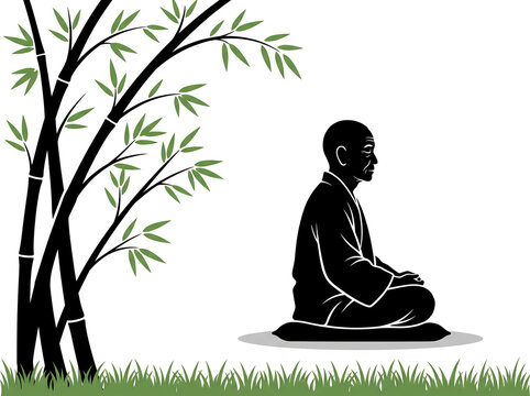Silhouette of an elderly person meditating on a cushion under a large stylized bamboo tree with flowing branches and green leaves, shown in profile facing right on white background
