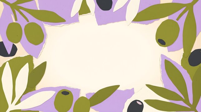 Abstract Vector Pattern Frame with Stylized Green and Black Olives, Leaves, and Branches on Warm Beige Textured Background