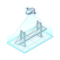 Fototapeta premium Isometric drone scanning bridge infrastructure concept, Future construction planning demonstration