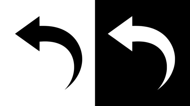 Minimalist curved back arrow icons, black and white undo symbols, flat vector navigation signs for web and app interface design