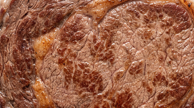 Deeply browned seared protein crust transitioning into a dense fibrous whole-muscle interior with D