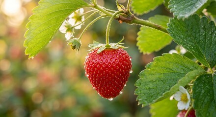 Close up of a ripe red strawberry hanging on the vine with morning dew drops © Aethernaut