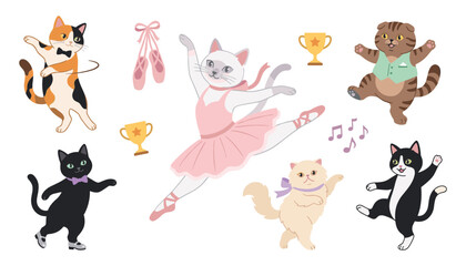 Naklejka premium Cute Ballet and Dancing Cats Character Set with Ballerina Tutu, Pointe Shoes, Music Notes, and Trophy Icons for Whimsical School of Dance Vector Designs