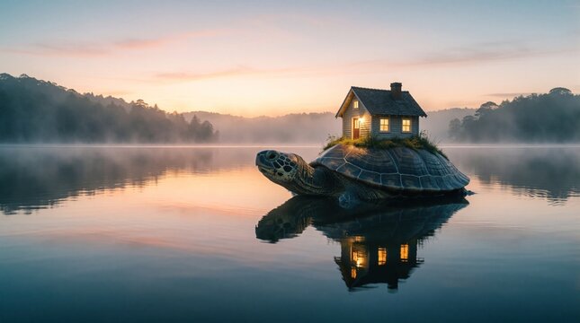 Surreal fantasy scene shows small lit house on giant turtle shell. Large reptile swims through calm misty lake at sunrise. Peaceful landscape with fog, soft light creates dreamlike atmosphere.