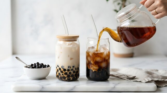 Hand pouring dark tea from a glass teapot into a glass filled with ice and black tapioca pearls, next to a prepared boba milk tea drink