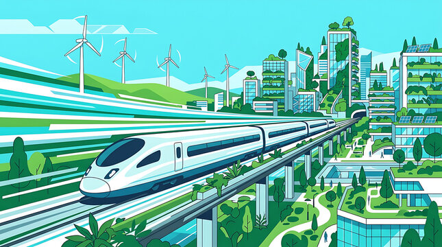 Sleek modern electric train speeds through a vibrant green futuristic city with wind turbines powering the landscape.