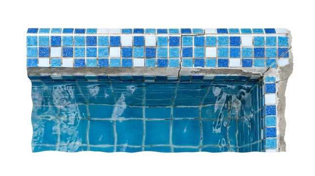 Blue mosaic swimming pool tiles, ceramic pool border with water reflection, turquoise tiled spa surface isolated on white