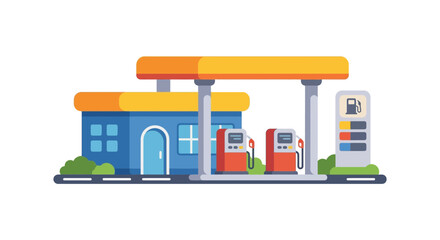 Gas station building with fuel pumps and price display is a vector illustration © raisa
