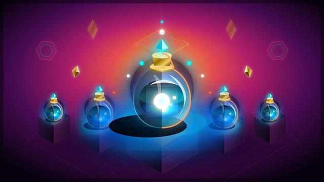 Symmetrical Isometric Glowing Mana Potions Surreal Fantasy Dreamscape Asset