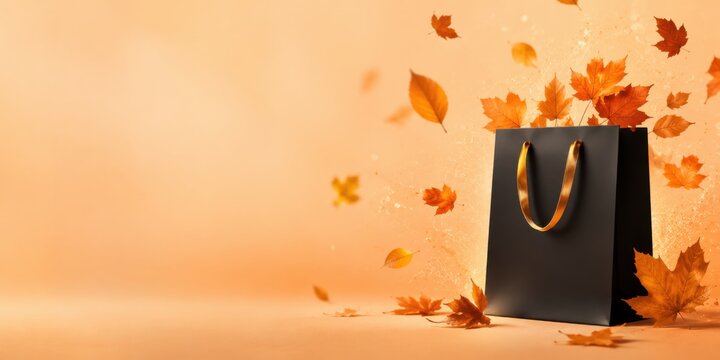Elegant black shopping bag surrounded by falling autumn leaves on a warm background, symbolizing Black Friday, seasonal sales, retail promotions, discounts and holiday offers. Banner, copy space