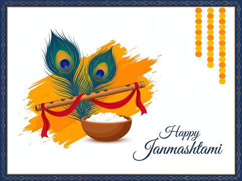 Happy janmashtami greeting card with flute peacock feathers and curd.