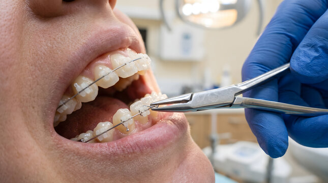 Orthodontist adjusting clear ceramic braces on patient teeth with dental pliers.