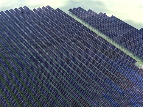 Aerial view of Sirajganj 68 MW Solar Park with rows of photovoltaic panels floating on water in Sirajganj, Rajshahi Division, Bangladesh.