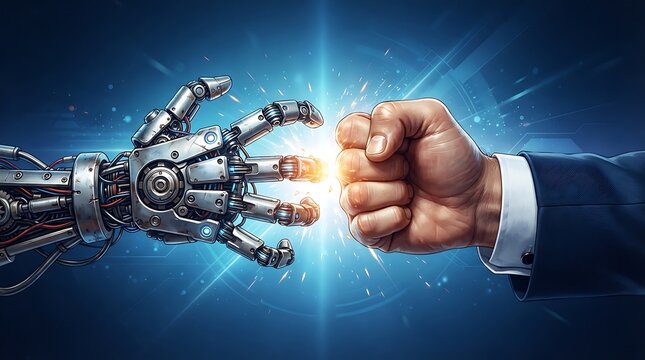 Robotic mechanical hand and human fist in suit sleeve facing each other, glowing light sparks between fingers on a dark blue background