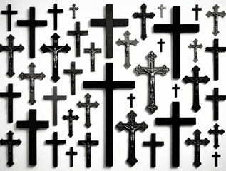 Fototapeta premium Collection of various black Christian crosses in different sizes, styles on white background. Many religious crucifix symbols with Jesus figure show diverse church ornaments. Set includes simple