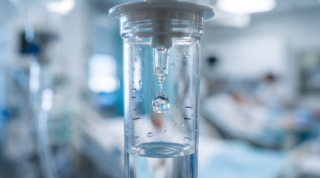 Close up of an intravenous IV drip chamber with a drop of saline solution falling inside a hospital ward.
