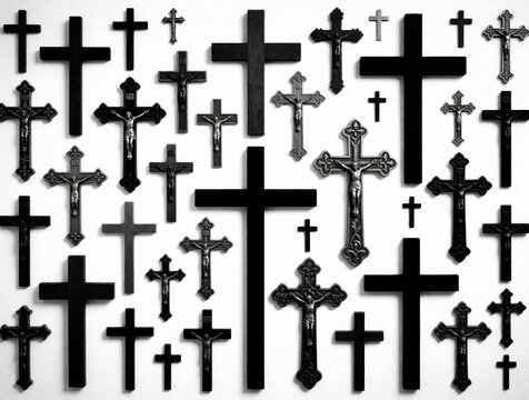 Collection of various black Christian crosses in different sizes, styles on white background. Many religious crucifix symbols with Jesus figure show diverse church ornaments. Set includes simple