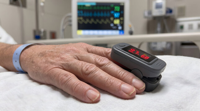 Elderly patient hand with pulse oximeter for oxygen saturation monitoring in hospital.