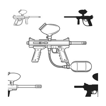 Collection of paintball gun silhouettes and line art illustrations showing different models and styles