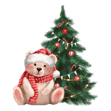 Hand-drawn Christmas teddy bear in red hat sitting by decorated tree illustration