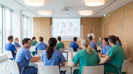 Obraz premium Healthcare Professionals Attending Medical Training Seminar in Modern Conference Room.