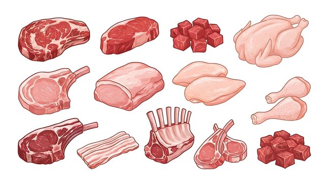 Fresh Raw Meat Cuts Set Isolated on White Background for Culinary Design and Butcher Shop Menus