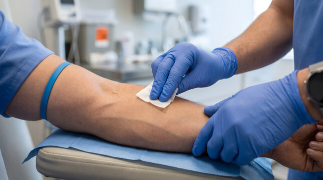 Healthcare professional in blue gloves disinfecting a patients arm before a medical procedure.