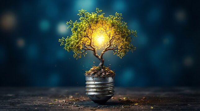 Small green tree growing inside a glass light bulb base, glowing yellow light, dark blue bokeh background, wooden surface with soil particles