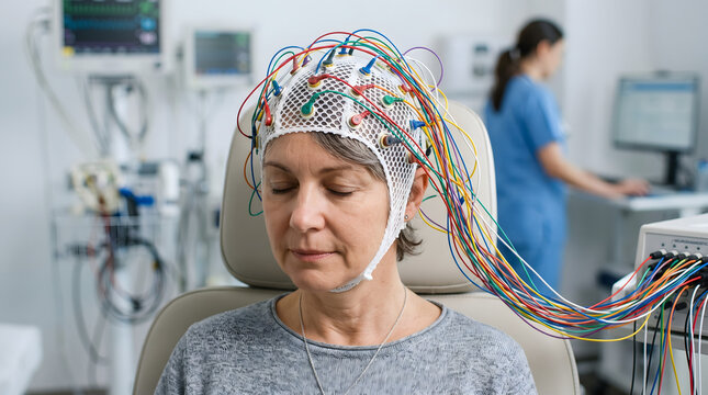 Mature woman wearing an EEG cap for brain activity monitoring in a medical facility.