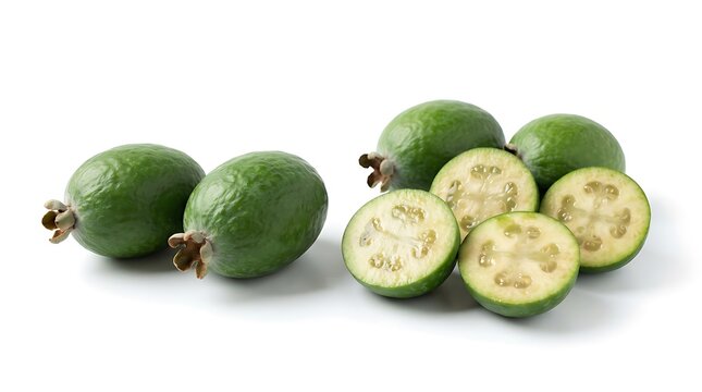 Fresh Green Feijoa Fruit Cut in Half Isolated on White Background for Culinary and Dietary Healthy Food Design