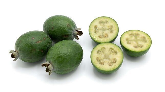 Fresh Green Feijoa Fruits Arranged on White Background with Whole and Halved Accoya Pineapple Guava for Culinary and Healthy Nutrition Design