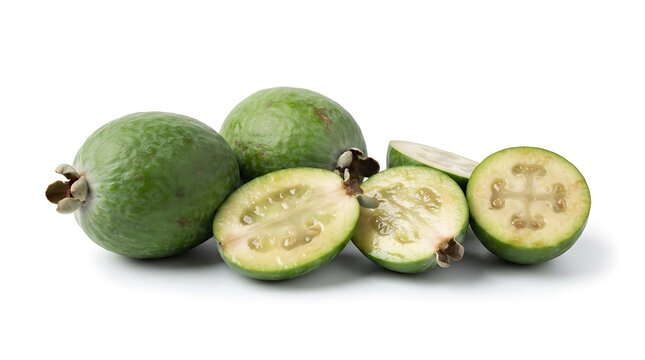 Fresh Green Feijoa Fruit Group Isolated on White Background with Whole and Sliced Halves Showing Pulp for Culinary and Health Projects