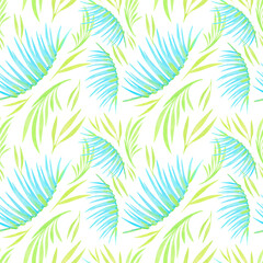 Palm leaves seamless tropical pattern in pastel color on a white background © AineGing