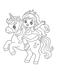 Girl Riding a Magical Unicorn Coloring Page. Simple Black and White Fairy Tale Illustration for Kids. © laky