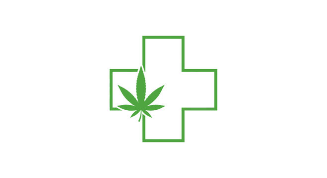 Minimalist green medical cross symbol with a cannabis leaf icon for healthcare and alternative medicine.