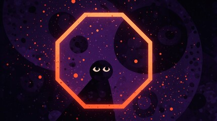 Abstract geometric octagon shape glows orange in dark purple cosmic space. Mysterious black character with big eyes peeks through neon frame. Digital art features floating orange particles, nebula