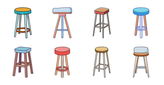 Six colorful bar stools with different seat colors - Illustration of six bar stools in various colors, including red, orange, blue, and yellow seats paired with black bases.