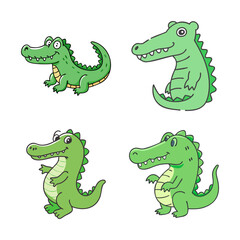 Fototapeta premium Four green cartoon crocodiles walking together - Bright green cartoon crocodiles in playful poses, simple and cheerful design for illustrations or animations.