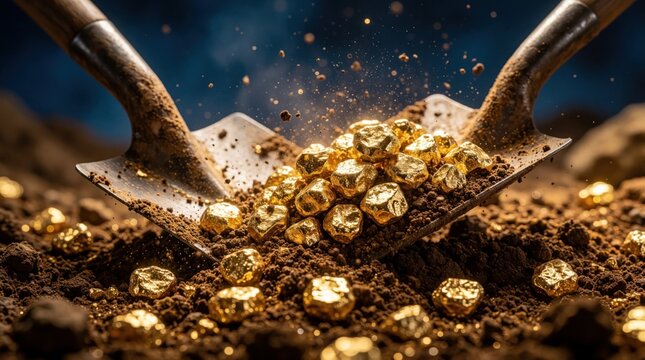 Shovel lifts shiny gold nuggets from brown earth. Closeup on treasure unearthed from ground. Prospecting tool uncovers rich mineral deposit, symbol of wealth and success.