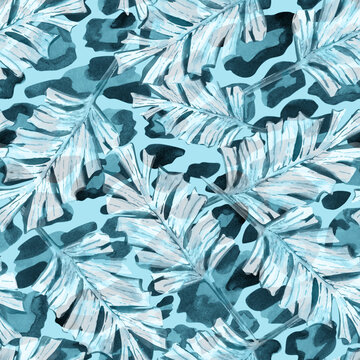 Tropical blue leaves on animal skin background seamless watercolor pattern