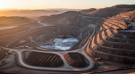 Obraz premium Vast open-pit lithium mine operation in a remote, mountainous landscape at sunrise, showcasing industrial extraction and resource production.