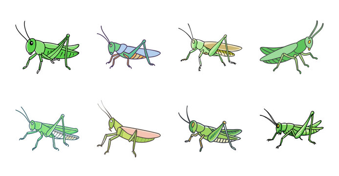 Cartoon grasshoppers jumping in line - Colorful cartoon grasshoppers jumping in a row with vibrant green and blue details.