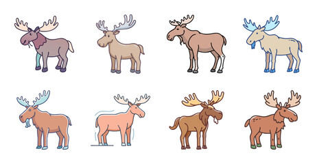 Fototapeta premium Cartoon reindeer and moose icons with antlers - Colorful cartoon-style reindeer and moose icons featuring antlers, ideal for holiday or nature-themed projects.