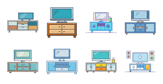 Flat pack living room setups with furniture and tvs - Illustrated flat pack living room setups featuring sofas, TVs, cabinets, and desks in a modern style.