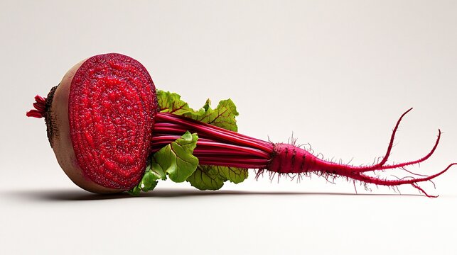 Cut beet with green leaves, revealing vibrant, deep-red color and concentric circles