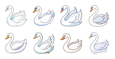 Obraz premium Colorful swans swimming in a row - A cheerful line of swans in different colors gracefully swimming together in a calm setting.
