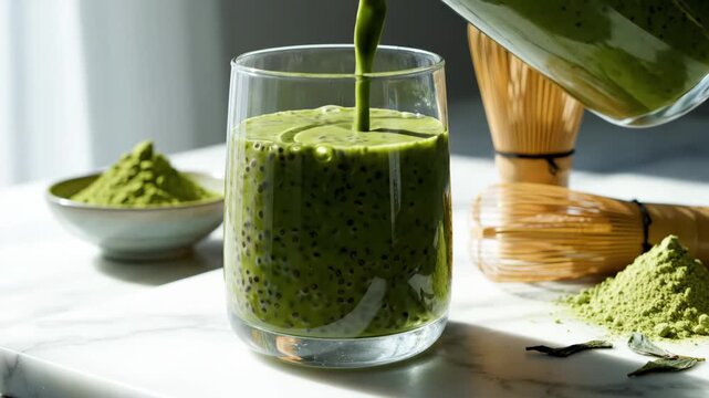 Matcha chia pudding being poured into glass on marble countertop